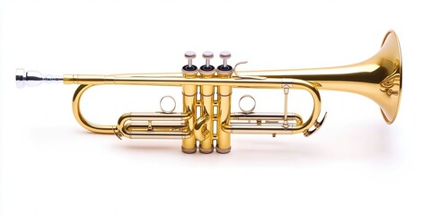 Obraz premium Golden trumpet on white background, detailed close up view showing valves and bell. Instrument is shiny and well maintained