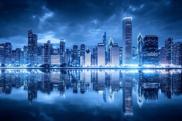 Obraz premium Stunning Night Skyline of Chicago Reflected in Water Showcasing Modern Architecture and City Lights : Generative AI