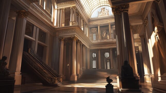 Grand interior space with columns and staircase, bathed in golden light