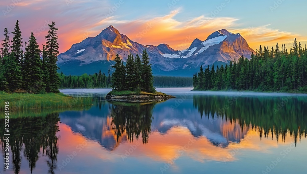 Poster Magnificent sunset view over pristine lake with mountains and lush forests creating a serene atmosphere : Generative AI