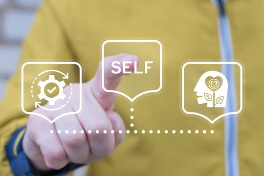 Person using virtual touch screen push word: SELF. Study, learn and explore self. Find yourself. Self awareness concept. Aware of different aspect of self, behaviors, feelings, psychology.