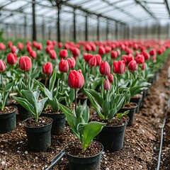Red tulips blooming in greenhouse rows