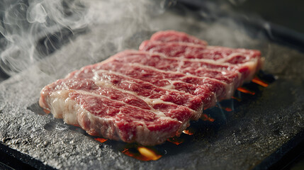 Sizzling High-Quality Steak Cooking on a Hot Stone Grill with Smoke and Juicy Texture