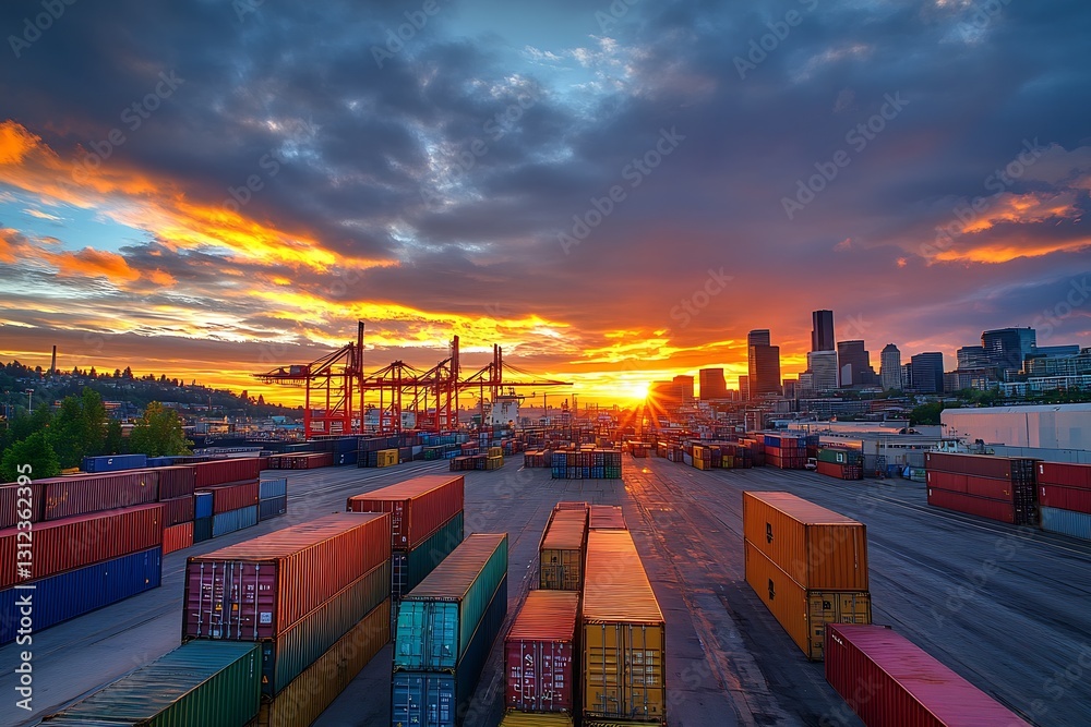 Poster stunning sunset view over urban cargo port filled with colorful shipping containers and skyline in t