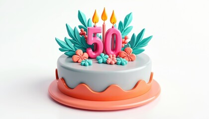 Colorful design of 50th birthday cake decorated with candles, leaves, flowers. Festive cake concept for milestone anniversary. Joyful cake art illustration sweet celebration, birthday party.