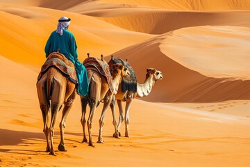 Fototapeta premium Desert Journey: A person rides a camel through a vast desert, capturing the spirit of travel and exploration. Capture the essence of a timeless journey.