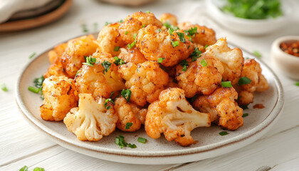 Fototapeta premium Delicious cooked cauliflower on white wooden table, close-up