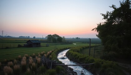 Obraz premium Serene sunset over tranquil stream rural landscape photography peaceful natural environment wide angle view