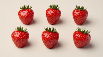 Six Strawberries arranged on a neutral background, food photography, product showcase