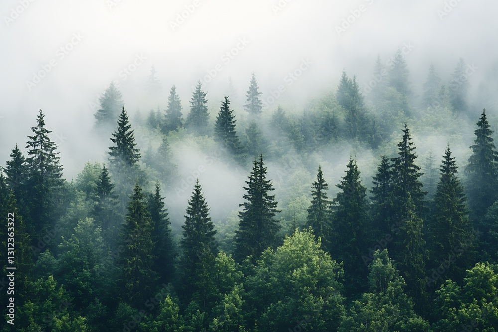 Leinwandbilder serene view of a misty forest filled with tall trees and enveloping fog : generative ai
