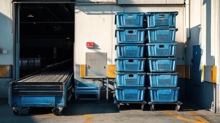Naklejka premium Efficient warehouse loading process industrial facility photography bright environment side view logistics management