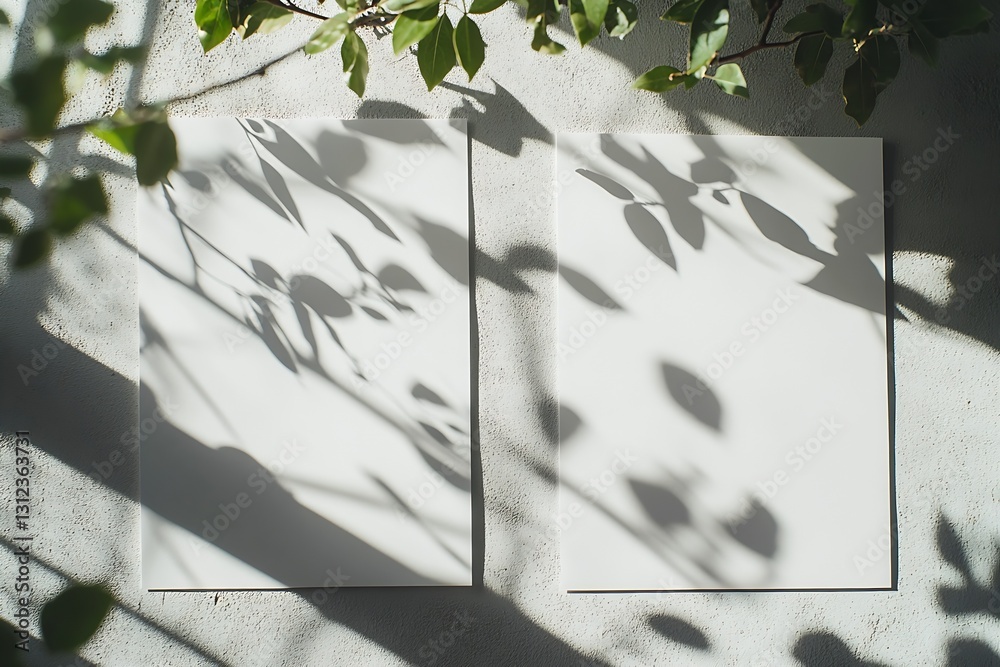 Aufkleber Serene composition of two empty sheets adorned with natural shadows and light from nearby foliage : Generative AI
