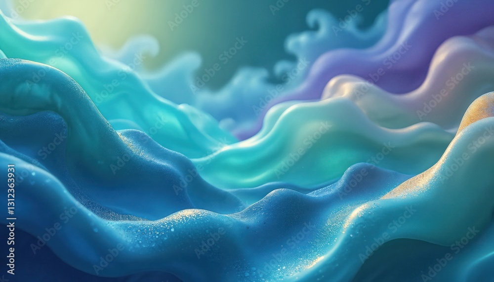 Leinwandbilder Abstract fluid background with blue, green, purple waves. Smooth shiny liquid surface with gold dust creating pearlescent effect. Elegant colorful design for modern technology, art, presentation