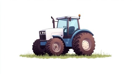 Obraz premium Modern white and blue tractor sitting in a grassy field.