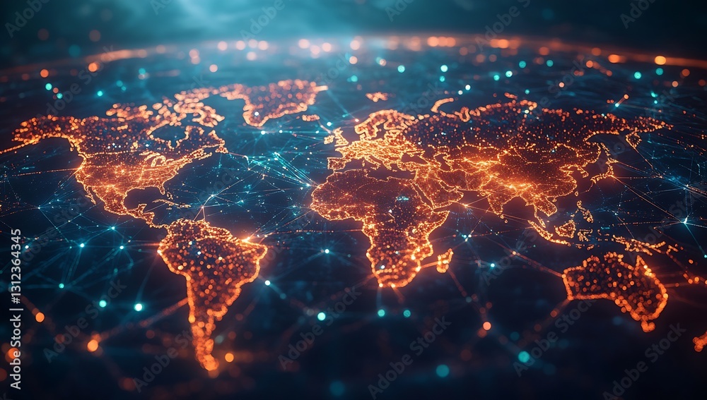 Poster Stunning aerial view of connected global network with illuminated cities on the world map at night : Generative AI