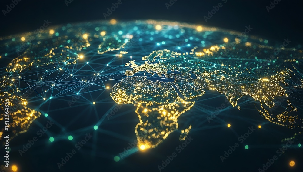 Aufkleber illuminated world map with network connections highlighting major cities and regions : generative ai