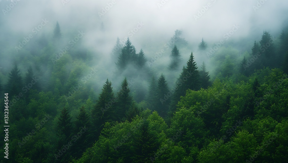 Poster Dramatic forest view with dense greenery enveloped in soft mist creating a serene vibe : Generative AI