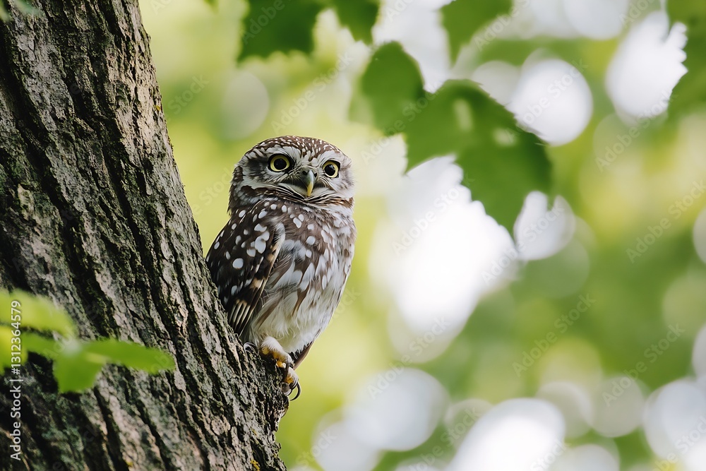 Poster alert owl perched on rugged tree bark surrounded by blurred green leaves creating a tranquil atmosph
