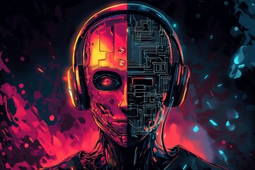 Intriguing robotic face with headphones illustrating a fusion of technology and art in a striking color palette : Generative AI