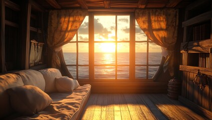 Fototapeta premium Serene living space overlooking the ocean at sunset with warm natural light streaming through the windows : Generative AI