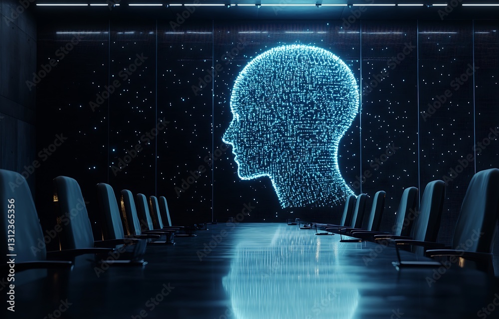 Poster stylish boardroom featuring a unique digital head display crafted with glowing particles and intrica