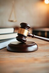 solemn gavel resting on wooden table surrounded by law books under warm lighting
