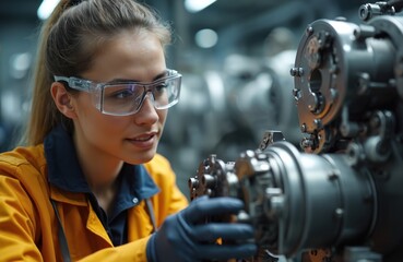 Confident American female aerospace engineer in glasses working on aircraft engine part. Woman in uniform assembles machine mechanism in laboratory, aerospace engineering concept.