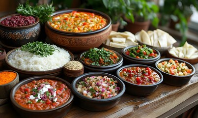 Obraz premium A vibrant array of flavorful dishes displayed beautifully on a wooden table