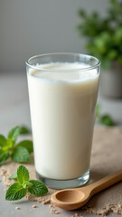 A tall glass filled with creamy white milk.