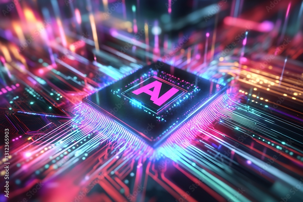 Poster High-Tech AI Chip Embedded in Colorful Digital Circuitry for Future Innovations : Generative AI