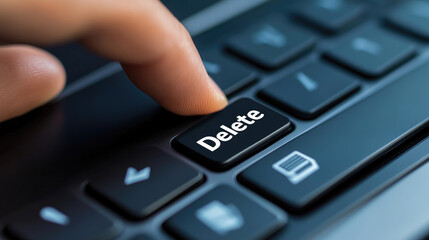 Finger Pressing Delete Key on Laptop Keyboard Data Removal Concept