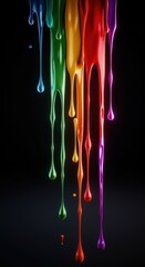 Vibrant multicolored paint drips flowing down against a black background, creating a dynamic and artistic abstract design