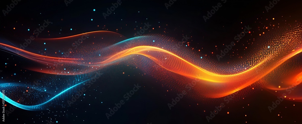 Poster Luminous abstract flow of colors with glowing particles in dynamic waves of orange and blue : Generative AI