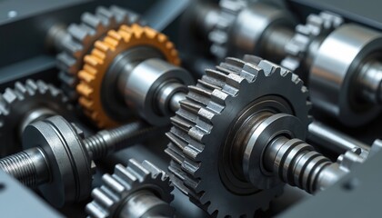 Close up of gearbox worm shafts, connection, torque transmission. Shiny mechanical cogs, gears, parts in service, fix process for motor, manufacturing, engineering themes. Automotive, industrial
