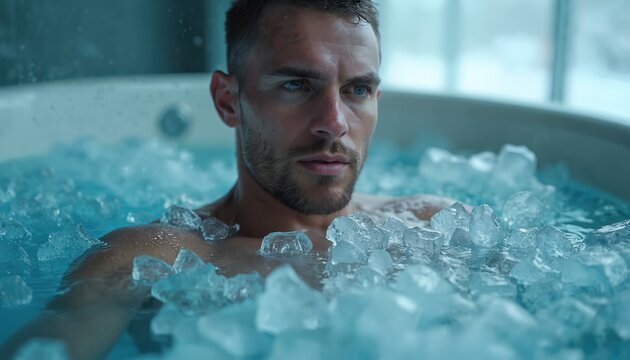 Athlete takes ice bath for recovery after exercise. Young man submerged in cold water filled with ice cubes. Sportsperson bathes in bathtub for health, wellness and muscle pain relief. - Powered by Adobe