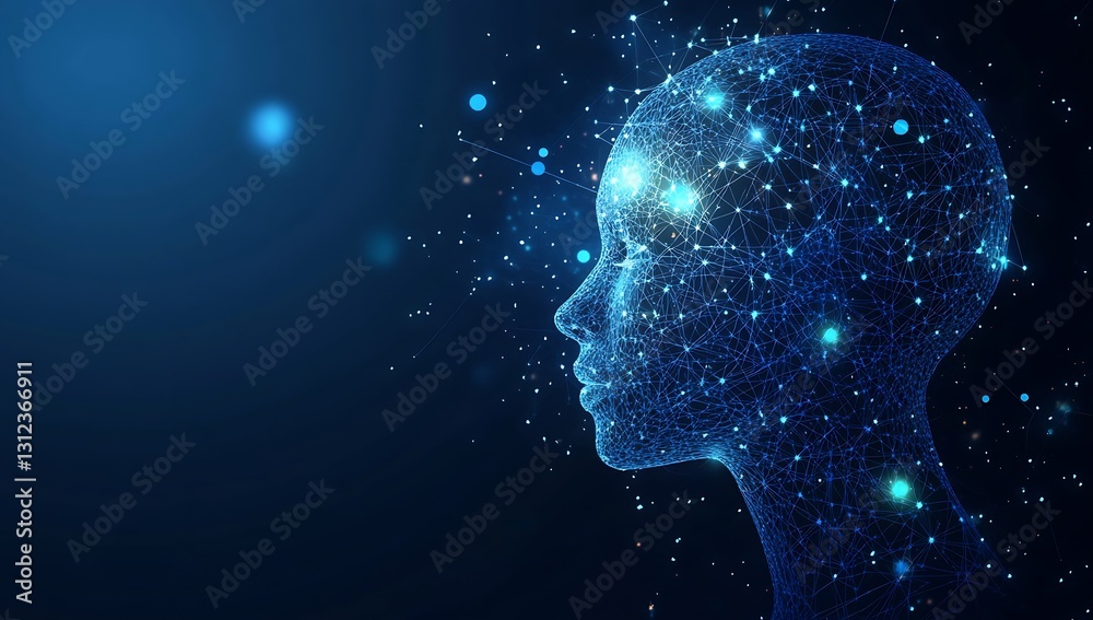 Poster Glowing digital head silhouette surrounded by bright nodes and lights representing advanced technology and AI : Generative AI
