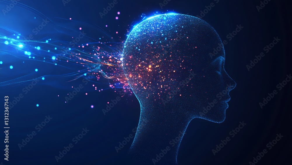 Aufkleber An artistic representation of a profile of a head with flowing light and vibrant particles symbolizing thoughts and ideas : Generative AI