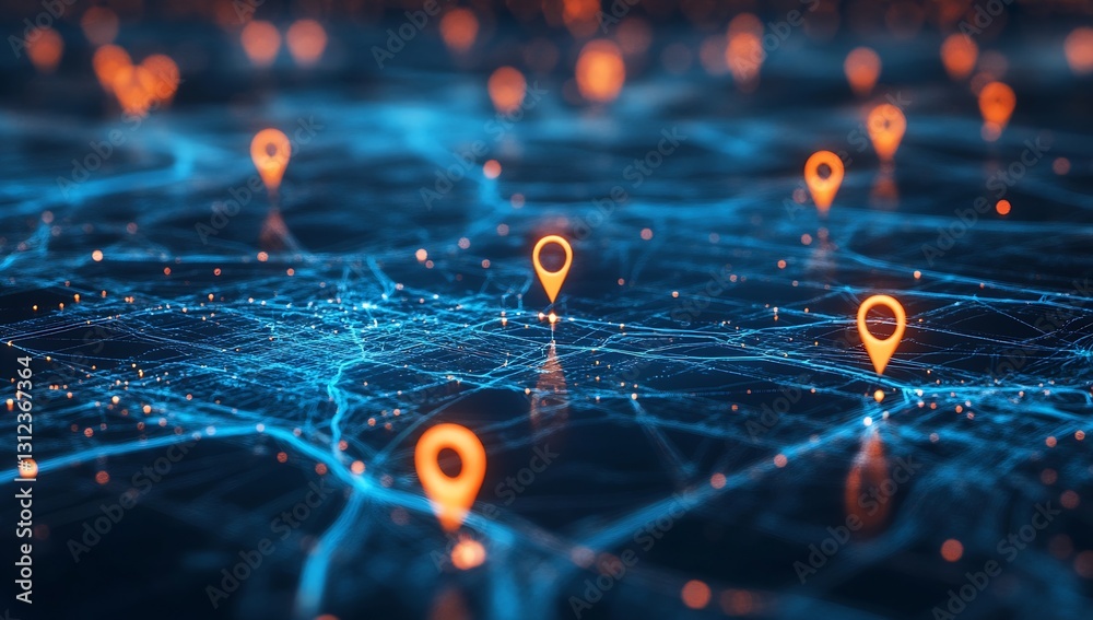 Poster Dynamic Map Display Featuring Navigation Pins Representing Points of Interest in a Network : Generative AI