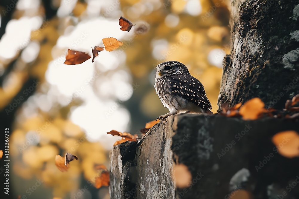Aufkleber regal owl resting on a stone surface surrounded by colorful autumn leaves creating a picturesque sce