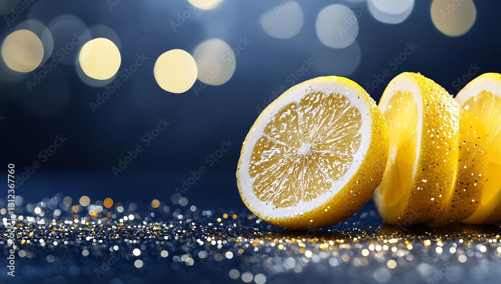 Poster Fresh and vibrant lemon slices arranged on a sparkling surface with colorful bokeh lights in the background : Generative AI