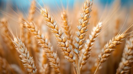 close up of several golden wheat ears clustered together highlighting their delicate structure