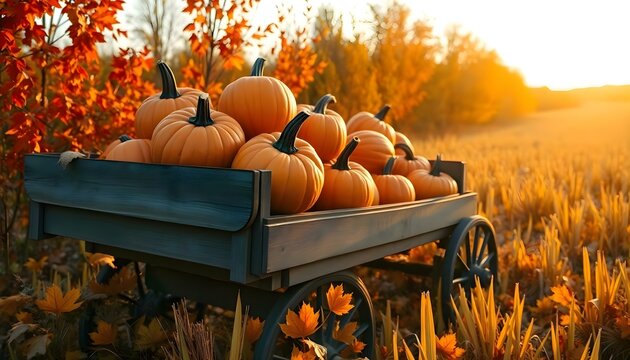 a wagon filled with pumpkins in a field