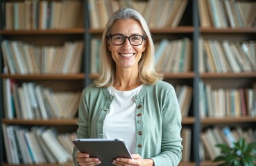 Portrait of middle-aged woman teacher with tablet. Female psychologist, mentor stands near bookshelf in glasses, smiles. Positive counselor, tutor with academic career, knowledge. Happy, smart