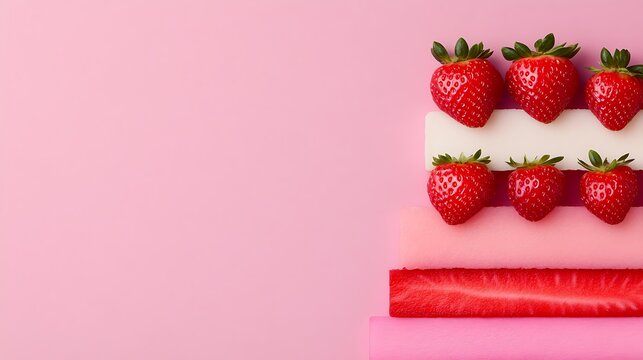 Strawberries & sweets on layered pink backdrop for food blog header or promotion use