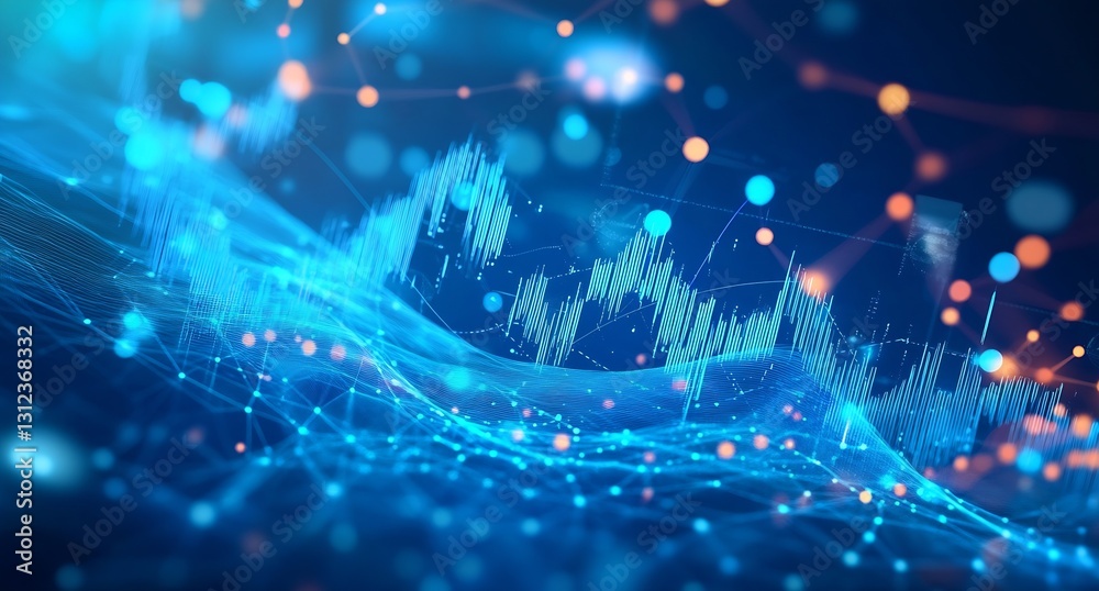 Poster Dynamic and Colorful Blue Data Wave Representation with Vivid Light Effects and Connections : Generative AI