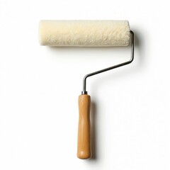 Obraz premium Close-up of paint roller with wooden handle, metal frame on white background. Tan, white colors. Tool for wall painting, home repair, interior renovation, construction. Minimalist design. Applying