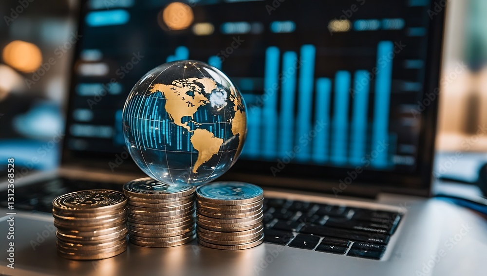 Aufkleber cryptocurrency coins and glass globe displayed on laptop with financial data visualization : generat