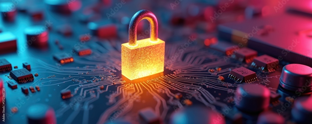 Aufkleber Glowing padlock on circuit board digital security. Lock illustrates datum encryption, privacy, safe network. Information protection, cyber access concept, modern electronic safety. Firewall