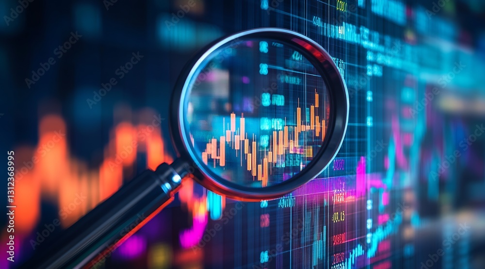 Poster innovative financial analysis depicted with a magnifying glass focusing on vivid market trends and s