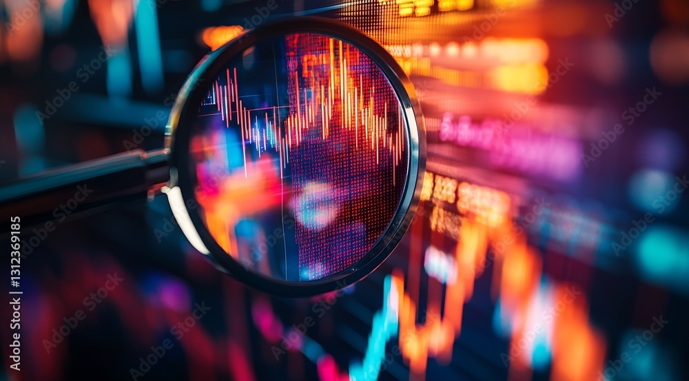 Poster Magnifying glass highlighting colorful financial data on a digital screen in a modern trading environment : Generative AI